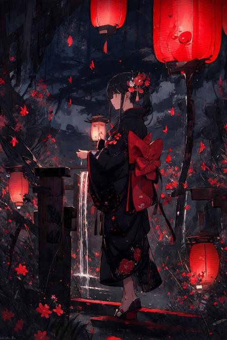 16844-854185463-(masterpiece_1.2), best quality,PIXIV,_1girl, solo, black hair, lantern, water, standing, japanese clothes, outdoors, night, kim.png